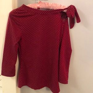 Voodoo Vixen red long sleeve shirt with polka dots, bow tie at shoulder Smal